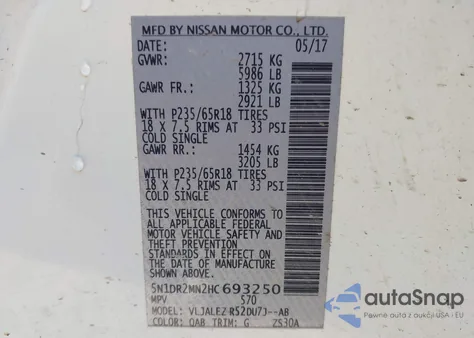 2017 Nissan Pathfinder Sv z USA, uszkodzony, nr VIN 5N1DR2MN2HC693250